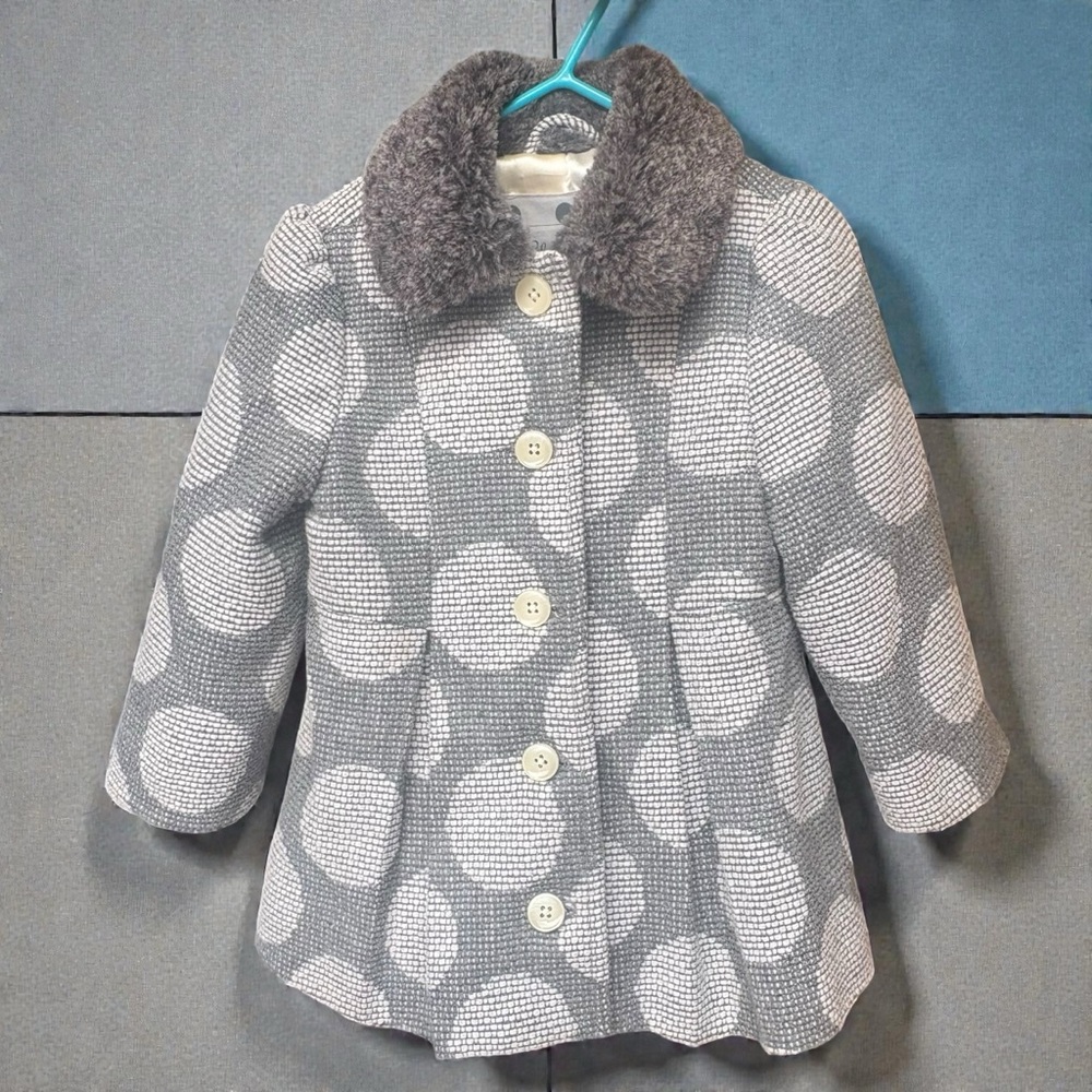 Cherokee Girls Pea Coat 2T Grey & White Polka Dots Tweed Wool Blend Fully Lined